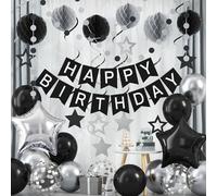 Decorazioni di compleanno in argento nero, striscione di buon compleanno con palloncini neri argentati, palline a nido d'ape, stelle filanti a spirale da appendere, ghirlanda a pois circolari