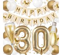 Decorazioni di compleanno in oro e bianco, include 30 numeri di palloncino in oro, striscione di buon compleanno dorato, palloncini bianchi e oro, palloncini per bottiglie di champagne per decorazioni
