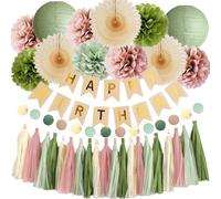 Decorazioni di Compleanno in Verde Oliva e Rosa Salvia con Pompon Boho e Ghirlanda di Nappe