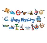 Decorazioni di compleanno nautiche - Glitter Blue Ocean Wave Anchor Shark Faro tema crociera nautica banner di buon compleanno + ghirlande per vela oceano vela tema marinaio forniture per feste di