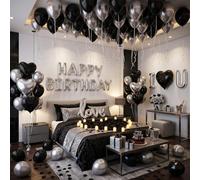 Decorazioni di compleanno nere e argento per uomini, decorazioni di compleanno per hotel per lui con palloncino amore, palloncini di buon compleanno, petali di rosa nera, candele a LED, decorazione