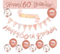 Decorazioni di compleanno, oro rosa, forniture per il buon compleanno per le donne, tra cui striscioni per il 60° compleanno, fascia per compleanno, palloncini in lattice coriandoli, bandiera