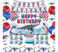 Decorazioni di compleanno per feste in jet da combattimento, decorazioni per feste in aereo, tra cui striscioni per aerei, sfondo e palloncini per accessori per feste aeronautiche