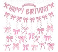 Decorazioni di Compleanno Rosa con Fiocco - Festone “Happy Birthday” Lucente, Ghirlanda con Fiocchi e Decorazioni a Spirale Sospese, Addobbi per Feste di Compleanno Bambina o Donna, Stile Elegante