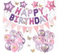 Decorazioni di compleanno rosa viola per ragazze, palloncini banner di buon compleanno, gagliardetto a vortici appesi, palloncini in lattice coriandoli a stella, farfalla 3D per ragazze donne