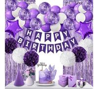 Decorazioni di compleanno viola per donne, decorazioni per feste Buon compleanno con bandierine, palloncini, pompon, tende in alluminio viola per anni di fidanzamento