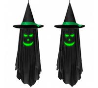 Decorazioni di Fantasmi Halloween 2 Pezzi Appese Strega Luminescenti | Decorazione sospesa con due design del volto e cappello da mago verde che si illumina al buio(Angled Eye *2)