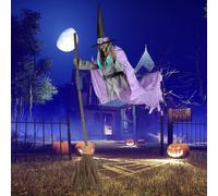 Decorazioni Di Halloween Da Esterno A Forma Di Stre-ga Volante Da 170Cm Con Suoni Luci Spaventosi,Streg-a Vol-ante Halloween Con Scopa|Stre-ga Volante Animata,oggetti Scena Spaventosi Interni Esterni
