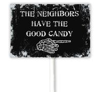 Decorazioni di Halloween per esterni The Neighbors Have The Good Candy With Right Arrow Targa in metallo per cortile con paletto Halloween Night Party Home Outside Targa in alluminio antiruggine