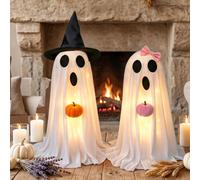 Decorazioni di Halloween per interni, confezione da 2, fantasmi spettrali e luminosi, decorazione per esterni, fantasma di Halloween illuminato con cappello da strega e zucca, per tavolo, ingresso