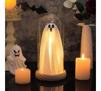Decorazioni di Halloween per interni, si illuminano con un fantasma in una campana di vetro con base in legno, luce decorativa fantasma di Halloween, simpatico fantasma con luce, per casa, cucina