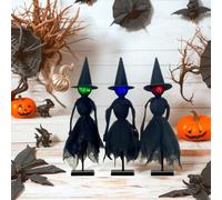 Decorazioni di Halloween per interni, Strega primitiva da scrivania con cappelli, 21,5 cm spettrali statuette di strega di Halloween con luci LED, streghe illuminate che si tengono per mano per camino