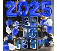 Decorazioni di laurea 2025 scatole di palloncini neri blu con lettere Congratulazioni Grad 2025 e So Proud of You Class of 2025 Decorazioni per feste di laurea per qualsiasi grado