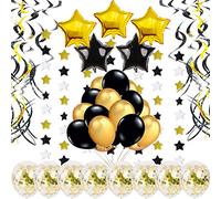 Decorazioni Festa Oro e Nero - 46 Pezzi - per Festa Compleanno con Palloncini Coriandoli, Spirali, Palloncini a Stella, Ghirlande di Stelle e Palloncini Nero e Oro