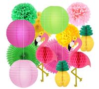 Decorazioni Feste A Tema Fenicotteri, Decora Feste Estive Fenicotteri, 3 Ventagli Carta, 3 Decorazioni Pompon, 2 Favi Fenicottero, 3 Lanterne, 2 Favi Ananas, Per Decorazione Piscine Estive Spiaggia