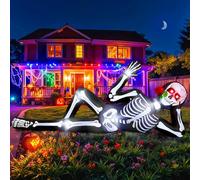 Decorazioni gonfiabili giganti per Halloween con scheletro per esterni | Scheletro gigante da giardino, 3 m, occhi rossi brillanti, decorazioni divertenti per Halloween per cortile esterno, giardino