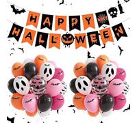 Decorazioni Halloween con HAPPY HALLOWEEN Banner, 36 Pezzi Palloncini Halloween Nero Bianco Rosa Arancione e 12 Pezzi Bat Deco per Interno