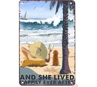 Decorazioni in metallo per mensole, poster "Love Dog" e "E visse per sempre felici e contenti", lettura sulla spiaggia, regali per amanti dell'oceano, cartello in latta, arte da parete divertente, 8x