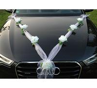 Decorazioni in organza, nastro + rose ornamentali, per sposi, matrimoni, motivo: rose, per auto, ghirlande decorative per matrimoni bianco / bianco