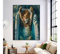 Decorazioni Murali di Animale, Quadro Murale su Tela con Vasca Da Bagno Leone Foglia Di Palma, Stampe Artistica Poster Turchese per Camera da Letto Soggiorno, 50x70cm Senza Cornice