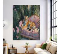 Decorazioni Murali di Divertente Animale, Quadro Murale su Tela con Tropicale Divano Tigre, Stampe Artistica Poster Rosa Verde per Camera da Letto Soggiorno, 30x40cm Senza Cornice