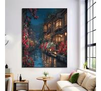 Decorazioni Murali di Fumetti, Quadro Murale su Tela con Riva Del Fiume Edifici Fiori, Stampe Artistica Poster Blu-Marrone per Camera da Letto Soggiorno, 60x90cm Senza Cornice