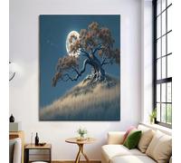 Decorazioni Murali di Paesaggio, Quadro Murale su Tela con Luna Piena Colline Querce, Stampe Artistica Poster Blu per Camera da Letto Soggiorno, 70x100cm Senza Cornice