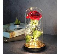 Decorazioni Natale Campana cupola con rosa eterna della bella e la bestia natalizia Alta 18 cm con Base in legno e 20 Micro LED a Luce Bianca Calda alimentate a batterie partenopeautensili®