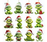 Decorazioni natalizie, 12 pezzi 2D Grin-ch ornamenti da appendere all'albero di Natale Grin-ch pendenti decorativi verdi decorazioni natalizie regalo invernale per casa vacanze feste