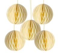 Decorazioni natalizie da appendere honeycomb, 5 pezzi: palline carta crema 10 cm per albero di Natale, pendenti rotondi Avvento, ornamenti piccoli per addobbi e regali