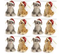 Decorazioni Natalizie, Set di 12 Gattini in Resina con Cappello di Babbo Natale, Ornamenti per Albero di Natale, 7,2 cm, (Gatto)