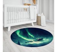 Decorazioni natalizie Tappeto rotondo Santa Slitta Renne sotto il design verde Aurora Tappeto a pelo basso morbido per soggiorno camera da letto aula 160cm