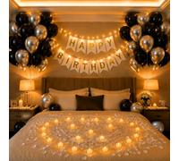 Decorazioni nere di buon compleanno per donne e uomini con striscione | Banner di buon compleanno con 24 candele LED palloncini argento e 400 petali set completo per feste di compleanno banner per