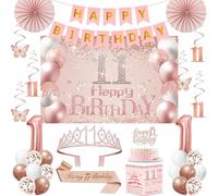Decorazioni per 11° compleanno per ragazze, 32 decorazioni per feste di 11° compleanno, tra cui sfondo, corona, fascia, striscione, vortice da appendere, topper per torte, palloncini, biglietto di