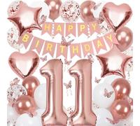 Decorazioni per 11° compleanno per ragazze, oro rosa 101 pollici numero 11 palloncini di compleanno con banner di buon compleanno e adesivi a farfalla