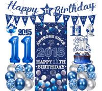 Decorazioni per 11° compleanno ragazzi ragazze - 27 pezzi blu argento Happy 11th Birthday Banner triangolare appeso vortici sfondo torta topper 11 palloncini set per 11 anni forniture per decorazioni
