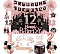Decorazioni per 12° compleanno per ragazze, 32 decorazioni per feste di 12° compleanno, tra cui sfondo, corona, fascia, striscione, vortice da appendere, topper per torte, palloncini, biglietto di
