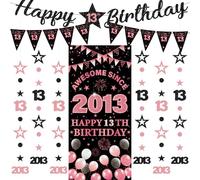 Decorazioni per 13° compleanno, striscioni per ragazze, 9 pezzi, nero e oro rosa, striscione di buon compleanno, fantastico dal 2013, tenda scintillante a pois da appendere per 13 anni, decorazione da