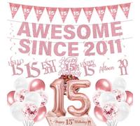 Decorazioni per 15° compleanno Banner Girl - 29 pezzi oro rosa banner impressionante dal 2011 bandiera triangolo appeso vortici torta topper fascia palloncino set per le sue ragazze 15 anni forniture