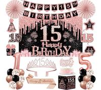 Decorazioni per 15° compleanno per ragazze, 32 decorazioni per feste di 15° compleanno, tra cui sfondo, corona, fascia, striscione, vortice da appendere, topper per torte, palloncini, biglietto di