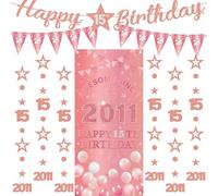 Decorazioni per 15° compleanno, striscioni per ragazze, 9 pezzi, in oro rosa, striscione di buon compleanno, fantastico dal 2011, tenda scintillante, a pois, da appendere, per ragazze di 15 anni