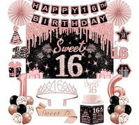 Decorazioni per 16° compleanno per ragazze, 32 decorazioni per feste di 16° compleanno, tra cui sfondo, corona, fascia, striscione, vortice da appendere, topper per torte, palloncini, biglietto di