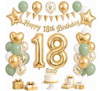 Decorazioni per 18° compleanno, decorazioni per feste verdi e dorate per ragazze e ragazzi con striscione per il 18° compleanno, topper per torta, numero oro verde, oro, bianco, palloncini di