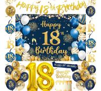 Decorazioni per 18° compleanno per ragazzi blu navy oro, striscione per 18° compleanno, sfondo, fascia, vortici appesi, set di palloncini per torte, palloncini in lattice e coriandoli per ragazzi