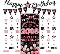 Decorazioni per 18° compleanno, striscioni per ragazze, 9 pezzi, nero e oro rosa, striscione di buon compleanno, fantastico dal 2008, tenda scintillante a pois da appendere per 18 anni