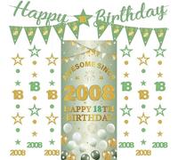 Decorazioni per 18° compleanno, striscioni per ragazze, 9 pezzi, verde oro Happy Birthday Banner impressionante dal 2008 tenda scintillio stella puntino da appendere striscione per ragazza di 18 anni