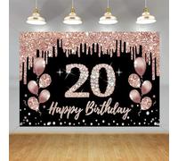 Decorazioni per 20° compleanno per ragazze, decorazione per feste nero e oro rosa, 20° compleanno cartello in tessuto da appendere, 20° compleanno sfondo banner festa segno di benvenuto