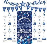 Decorazioni per 21° compleanno banner ragazzo - 9 pezzi blu argento Happy Birthday Banner impressionante dal 2005 tenda sfondo scintillio stella puntino appeso Streamer Gagliardetto per 21 anni