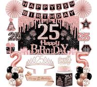 Decorazioni per 25° compleanno da donna, 32 decorazioni per feste di 25° compleanno, tra cui sfondo, corona, fascia, striscione, vortice da appendere, topper per torte, palloncini, biglietto di