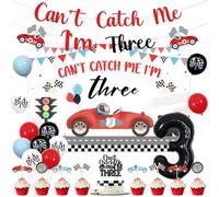 Decorazioni per 3° compleanno auto da corsa per ragazzo can't Catch Me I'm Three sfondo vintage rosso glitter banner retrò auto da corsa cake topper per cupcake per auto da corsa vintage 3 anni